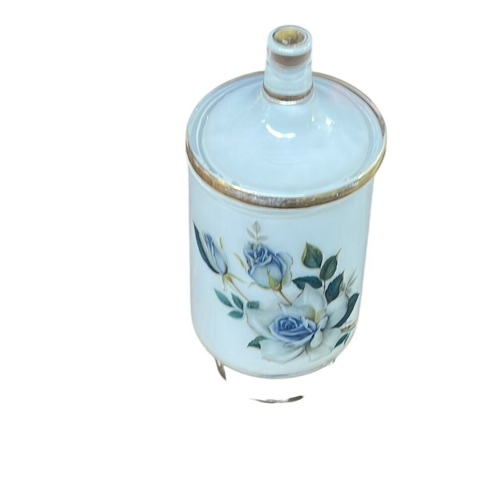 Vintage Floral Rose Trinket Jar Decorative Container with Lid Gold Trim